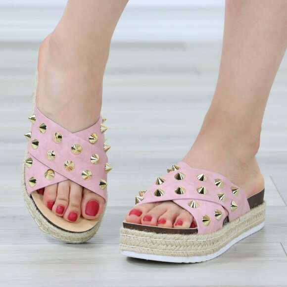Pink Platform Sandals Nubuck Espadrille Heel Gold Metal Stud Slip On Sliders - Picture 5 of 12